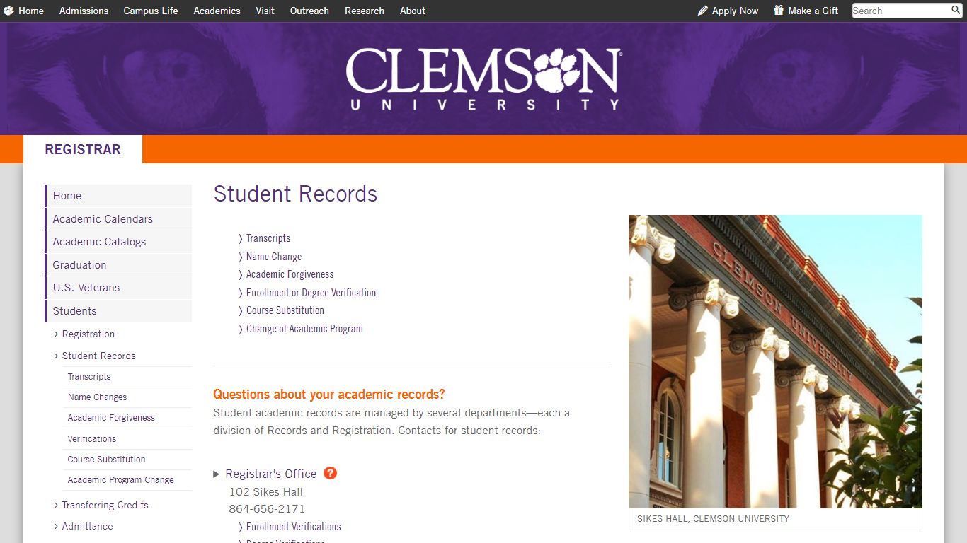 Student Records | Clemson University, South Carolina